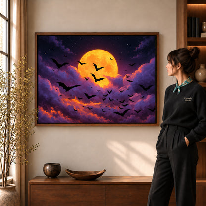golden moon bats canvas art in a walnut frame beside a standing woman and wooden console.