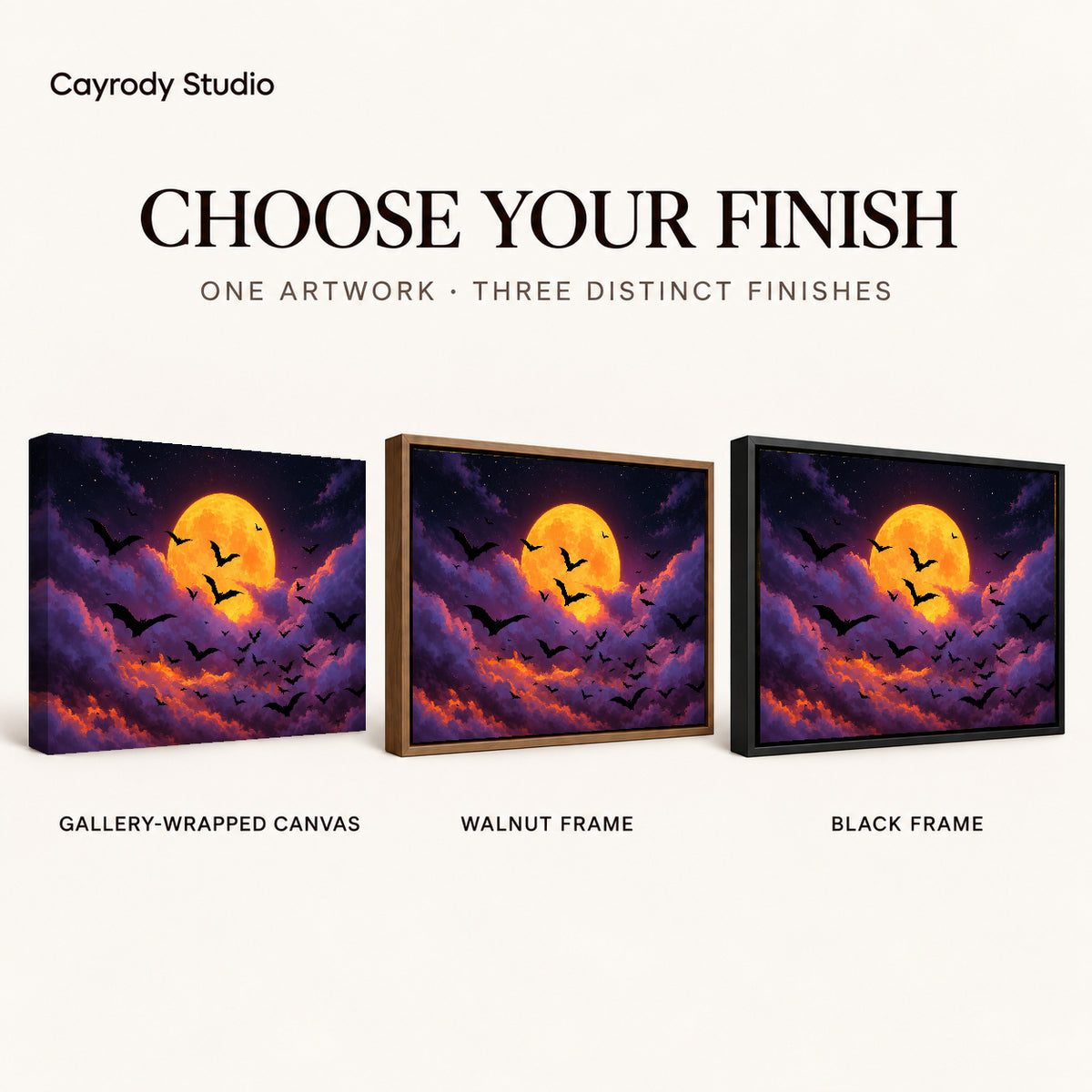 golden moon bats canvas art compared across gallery-wrapped canvas, walnut frame, and black frame finishes.