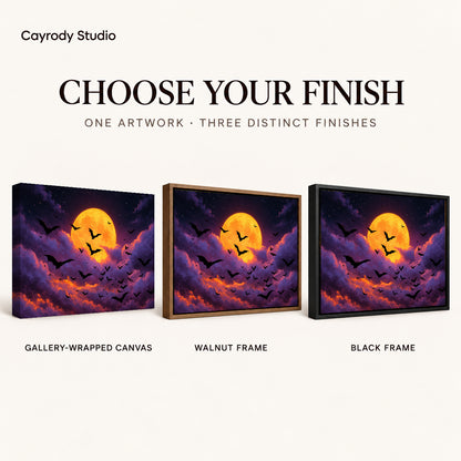 golden moon bats canvas art compared across gallery-wrapped canvas, walnut frame, and black frame finishes.
