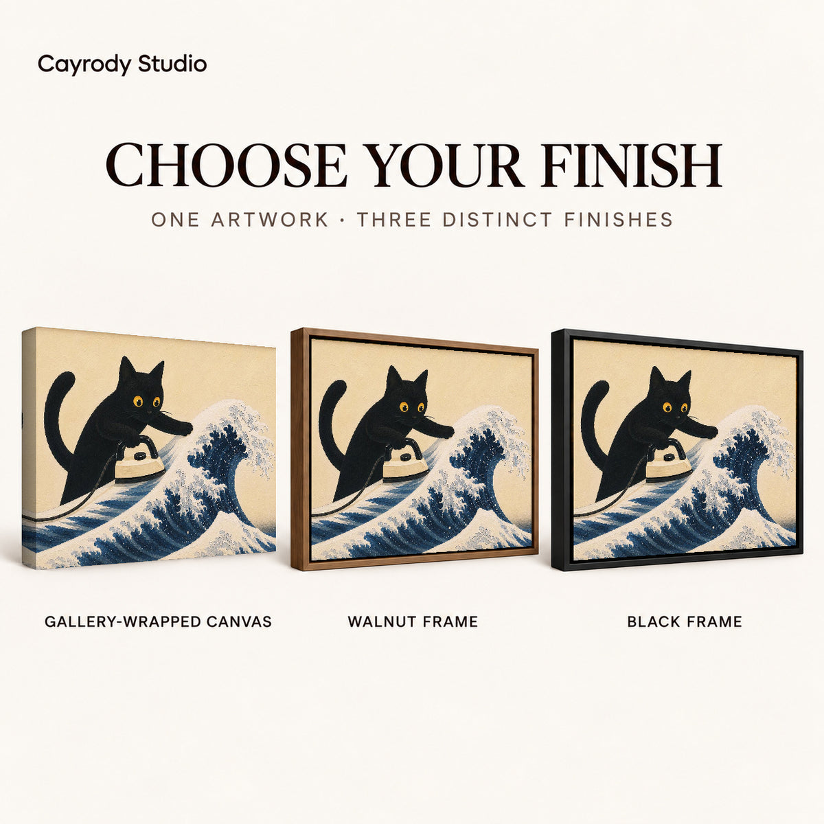 cat wave ironing canvas art compared across gallery-wrapped canvas, walnut frame, and black frame finishes.