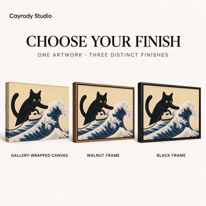 cat wave ironing canvas art compared across gallery-wrapped canvas, walnut frame, and black frame finishes.