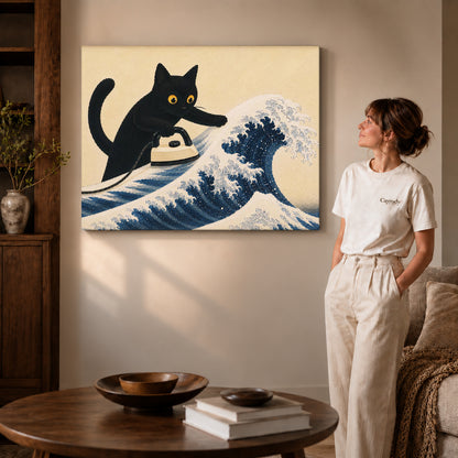 cat wave ironing canvas art shown in the gallery-wrapped option with natural side shading and warm surroundings.