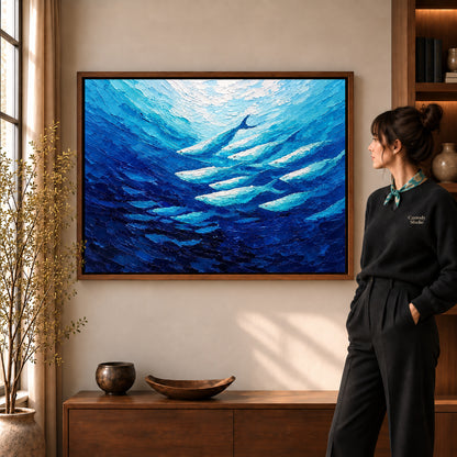 cobalt fish current canvas art in a walnut frame beside a standing woman and wooden console.