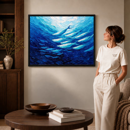 cobalt fish current canvas art in a black frame beside a woman and round wooden table.