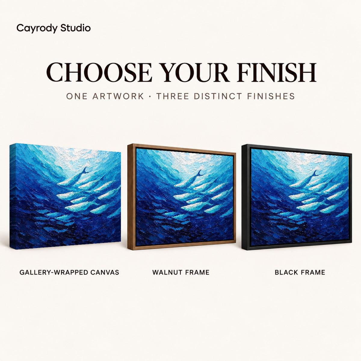 cobalt fish current canvas art compared across gallery-wrapped canvas, walnut frame, and black frame finishes.