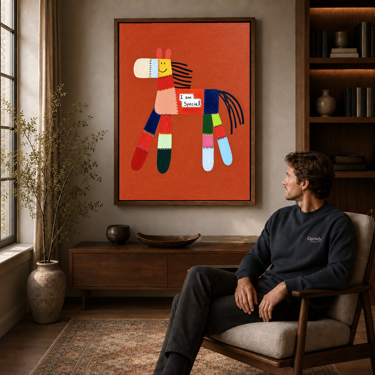 special patchwork horse canvas art in a walnut frame above a console beside a seated man.