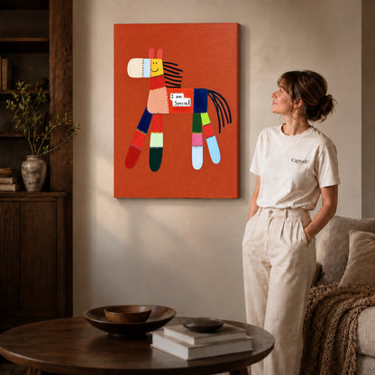 special patchwork horse canvas art on gallery-wrapped canvas with natural edge shading beside a standing woman.