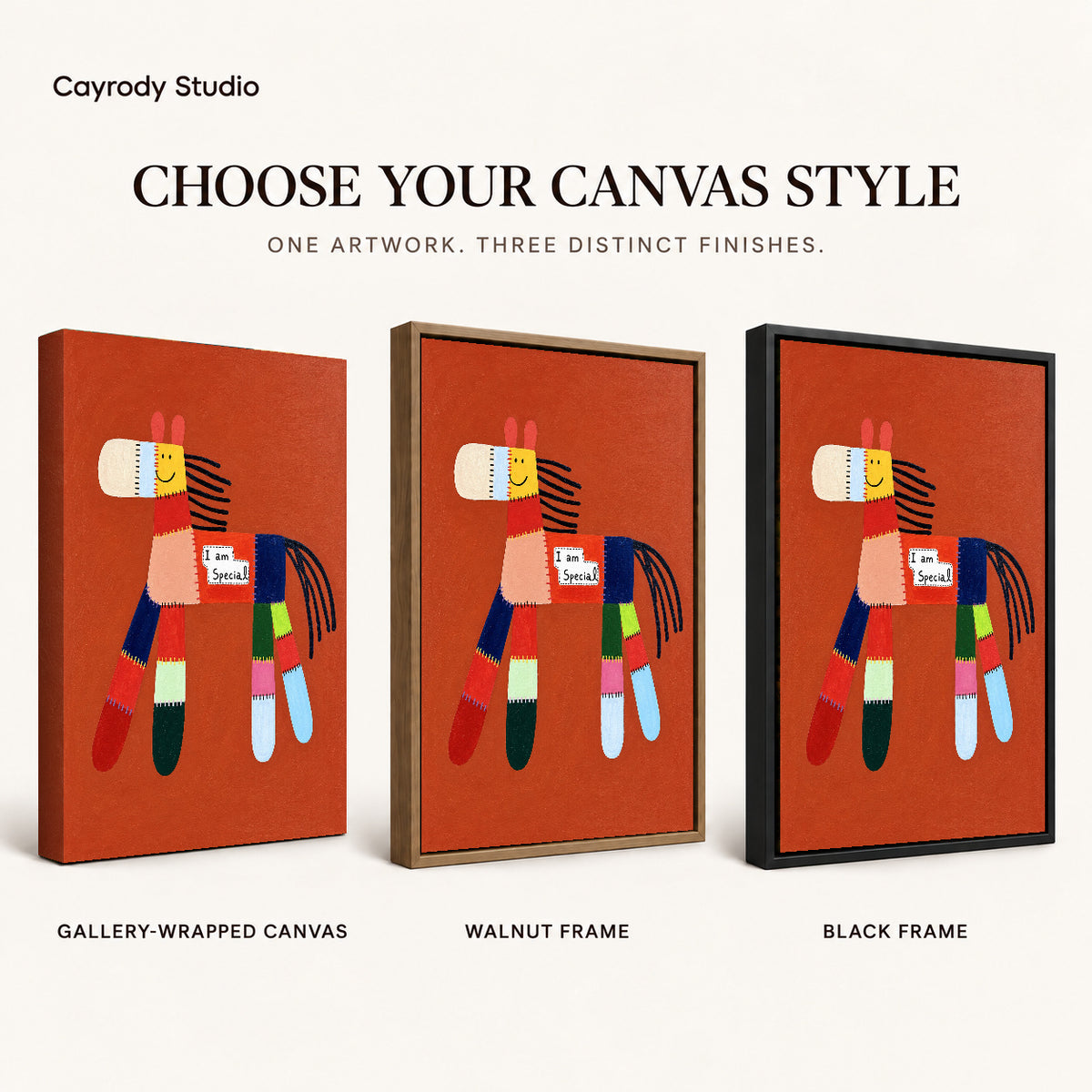 special patchwork horse canvas art compared across gallery-wrapped canvas, walnut frame, and black frame finishes.