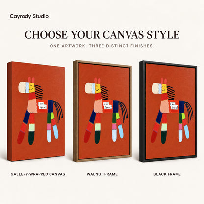 special patchwork horse canvas art compared across gallery-wrapped canvas, walnut frame, and black frame finishes.