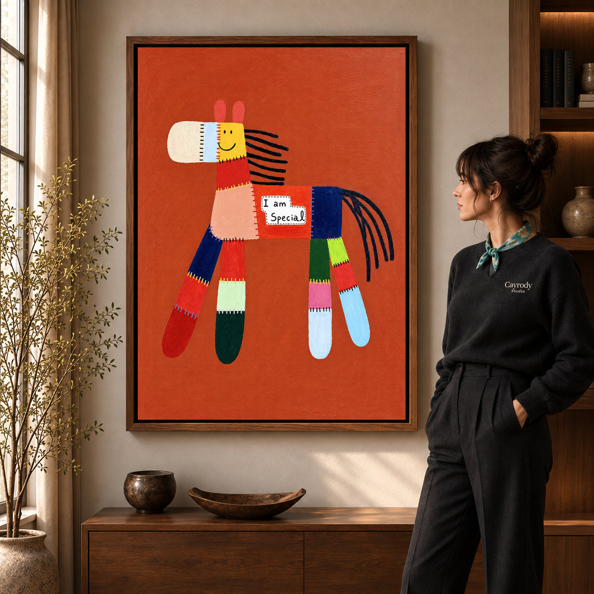 special patchwork horse canvas art shown in the walnut frame option within a warm living room.