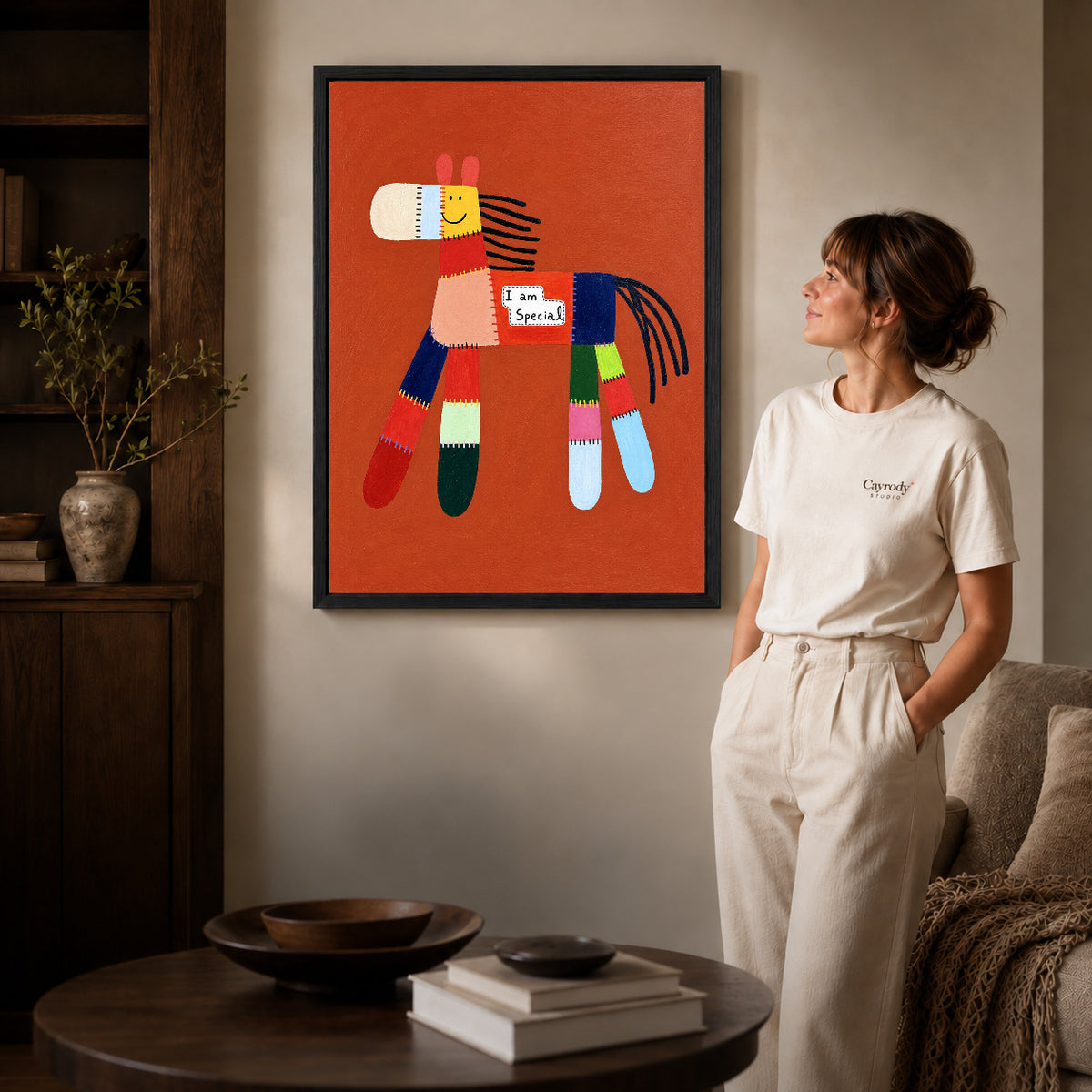 special patchwork horse canvas art shown in the black frame option against a softly lit wall.