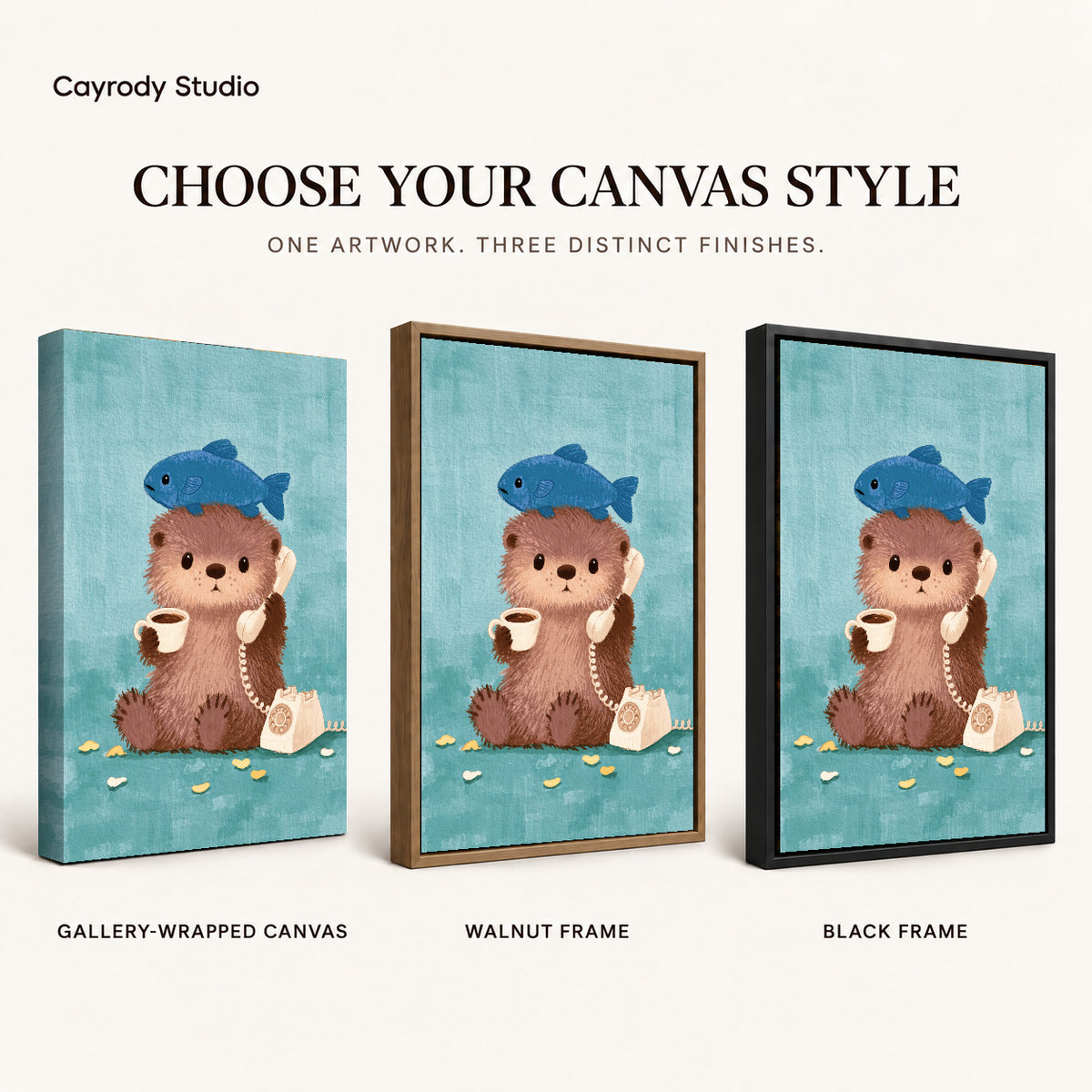 otter coffee call canvas art compared across gallery-wrapped canvas, walnut frame, and black frame finishes.