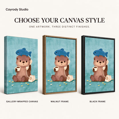 otter coffee call canvas art compared across gallery-wrapped canvas, walnut frame, and black frame finishes.