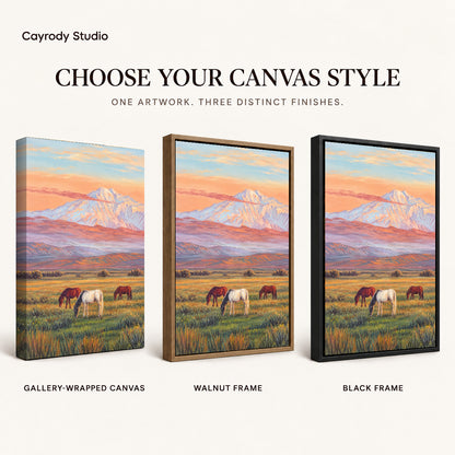 pastel mountain horses canvas art compared across gallery-wrapped canvas, walnut frame, and black frame finishes.
