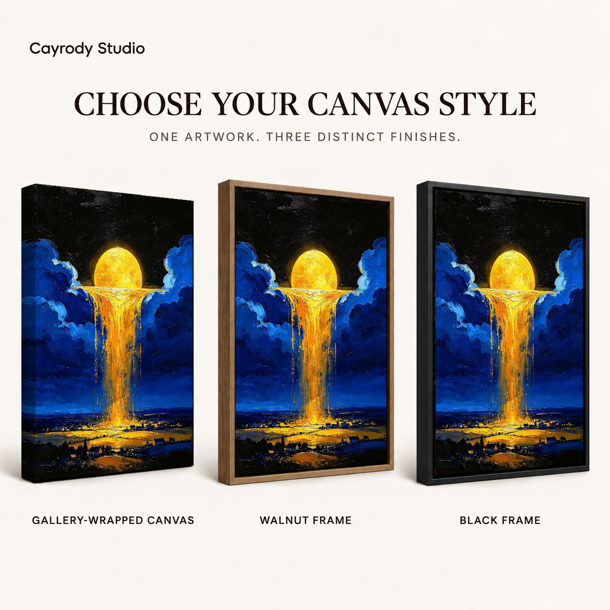 golden sky cascade canvas art compared across gallery-wrapped canvas, walnut frame, and black frame finishes.