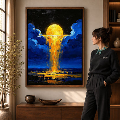 golden sky cascade canvas art shown in the walnut frame option within a warm living room.