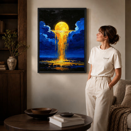 golden sky cascade canvas art shown in the black frame option against a softly lit wall.