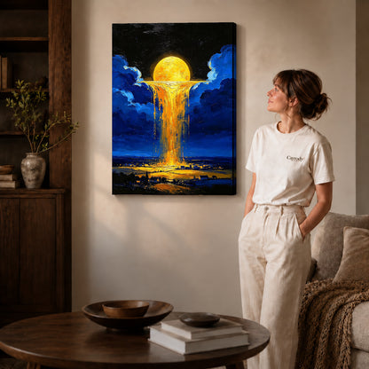 golden sky cascade canvas art shown in the gallery-wrapped option with visible depth and warm surroundings.
