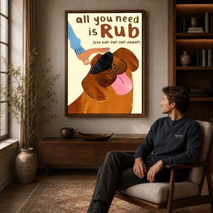 all you need rub canvas art in a walnut frame above a console beside a seated man.