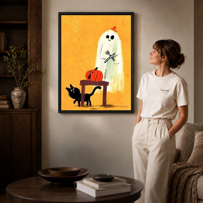 ghost dinner surprise canvas art in a black frame beside a woman and round wooden table.