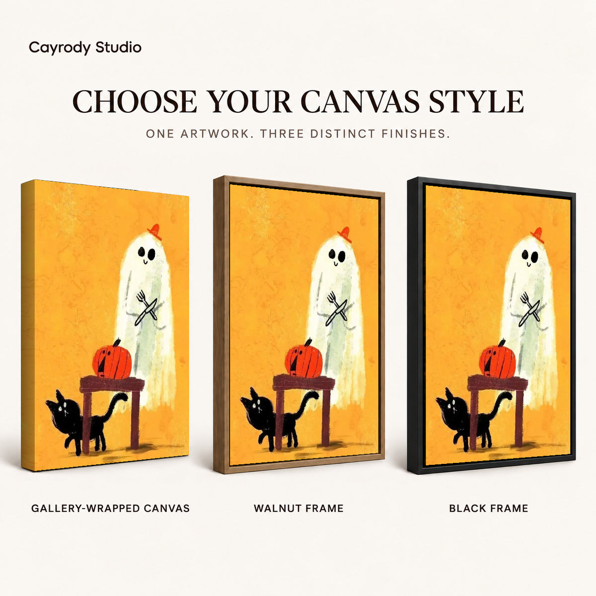 ghost dinner surprise canvas art compared across gallery-wrapped canvas, walnut frame, and black frame finishes.