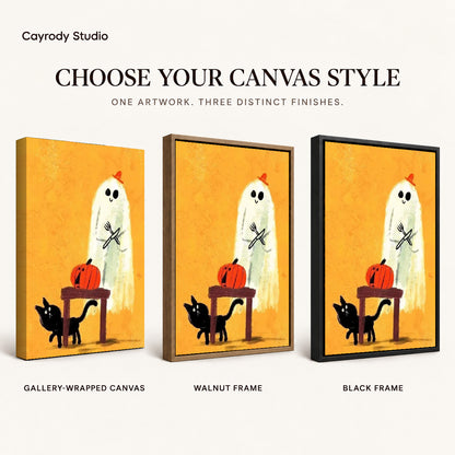 ghost dinner surprise canvas art compared across gallery-wrapped canvas, walnut frame, and black frame finishes.