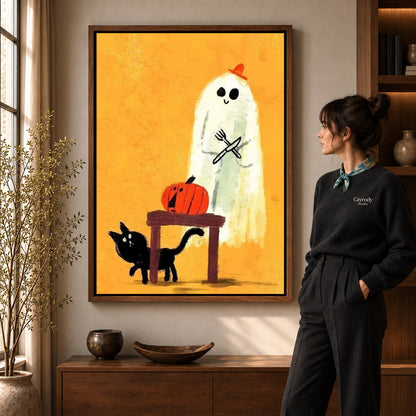 ghost dinner surprise canvas art shown in the walnut frame option within a warm living room.