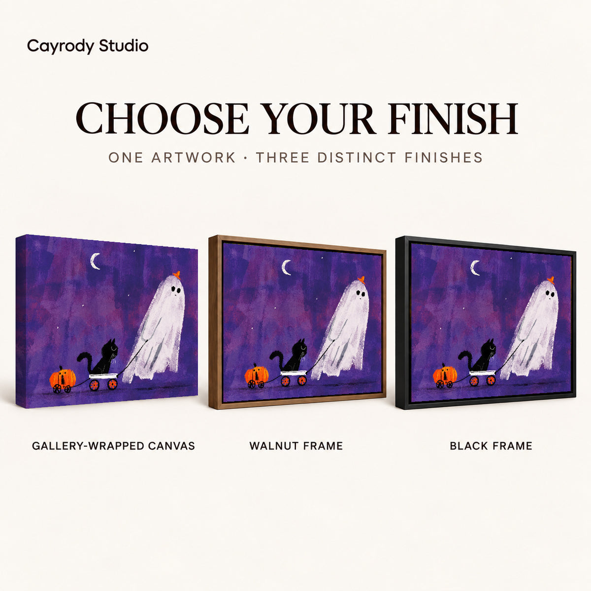 ghost wagon outing canvas art compared across gallery-wrapped canvas, walnut frame, and black frame finishes.