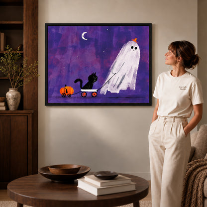 ghost wagon outing canvas art shown in the black frame option against a softly lit wall.