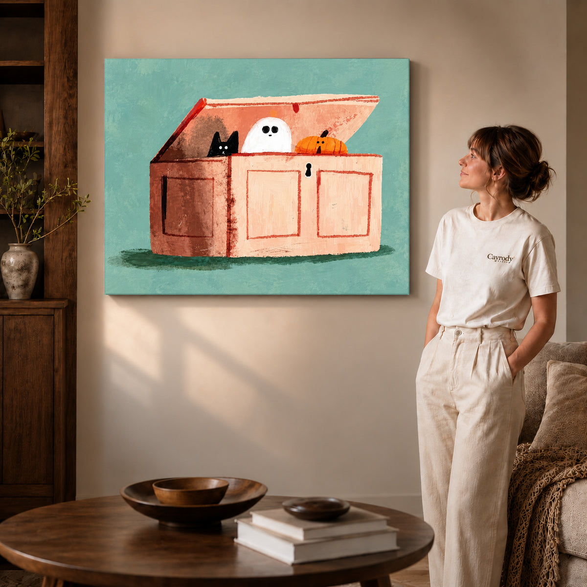 little chest surprises canvas art on gallery-wrapped canvas with visible edge depth beside a standing woman.