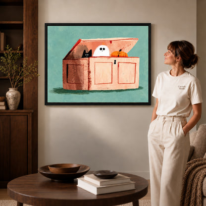 little chest surprises canvas art in a black frame beside a woman and round wooden table.
