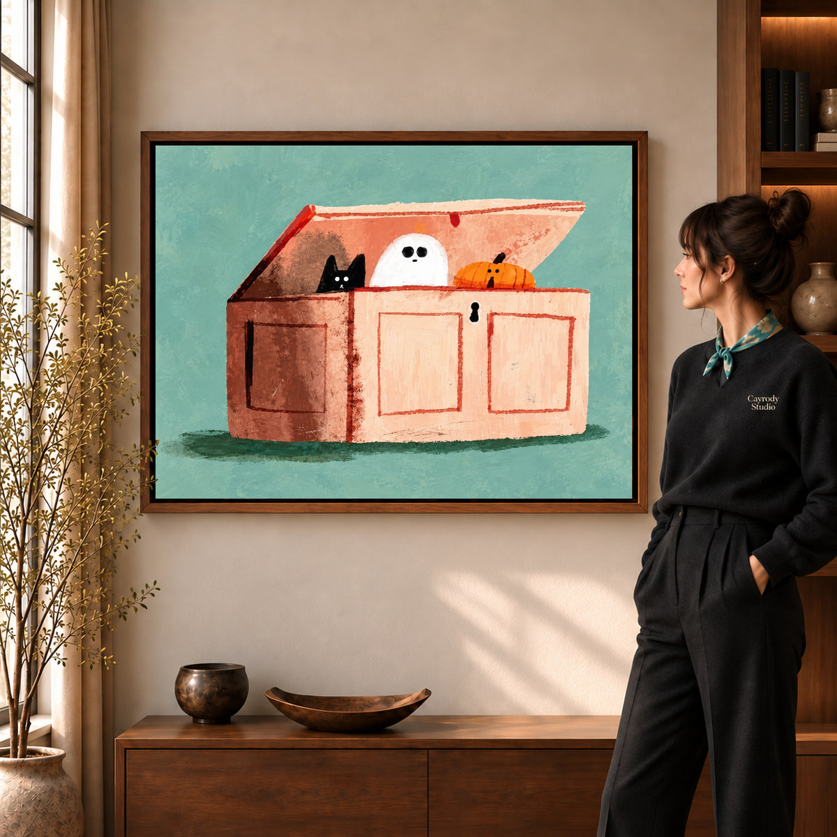 little chest surprises canvas art shown in the walnut frame option within a warm living room.