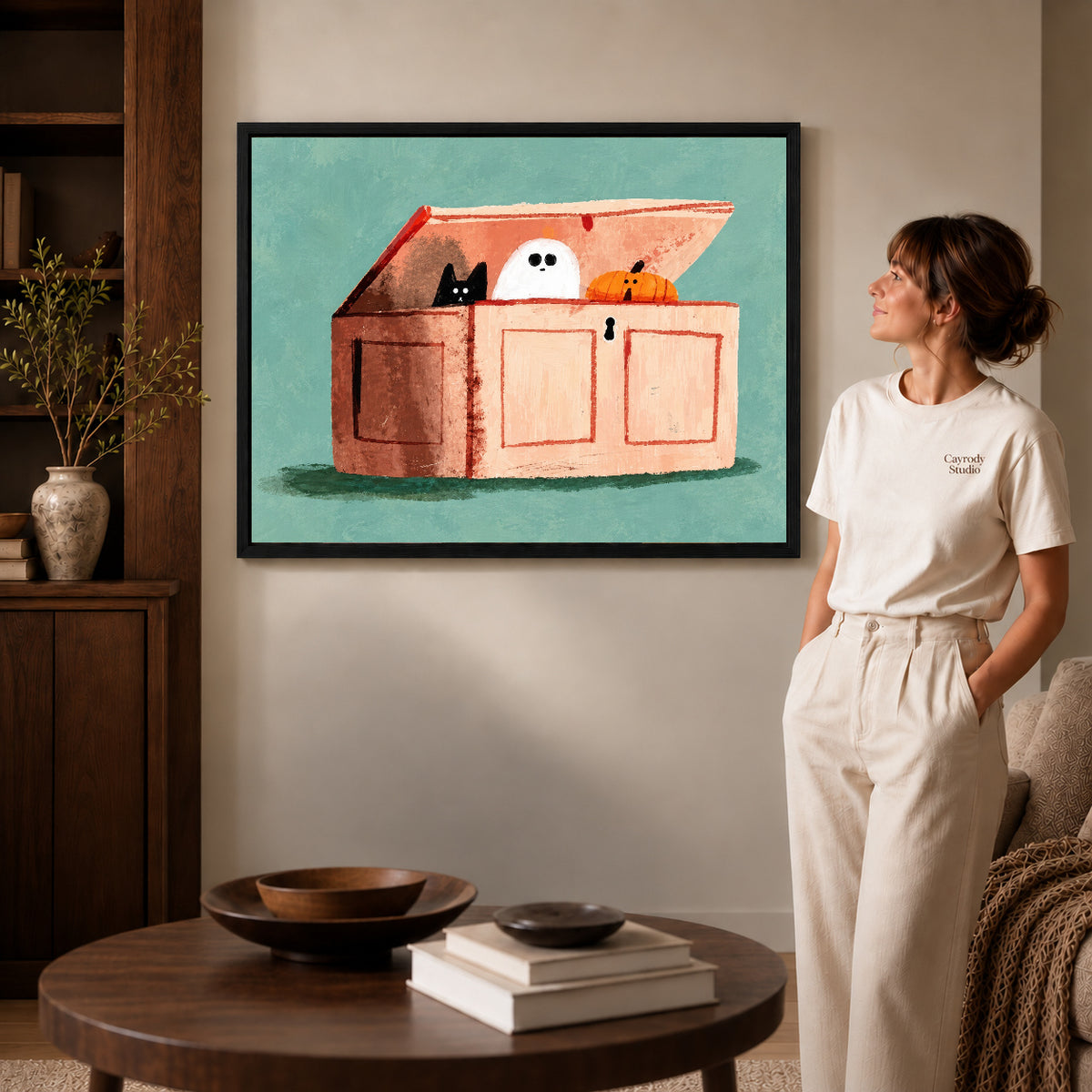 little chest surprises canvas art shown in the black frame option against a softly lit wall.