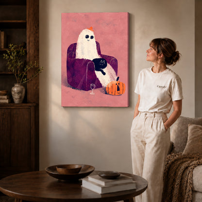 ghost armchair evening canvas art on gallery-wrapped canvas with natural edge shading beside a standing woman.