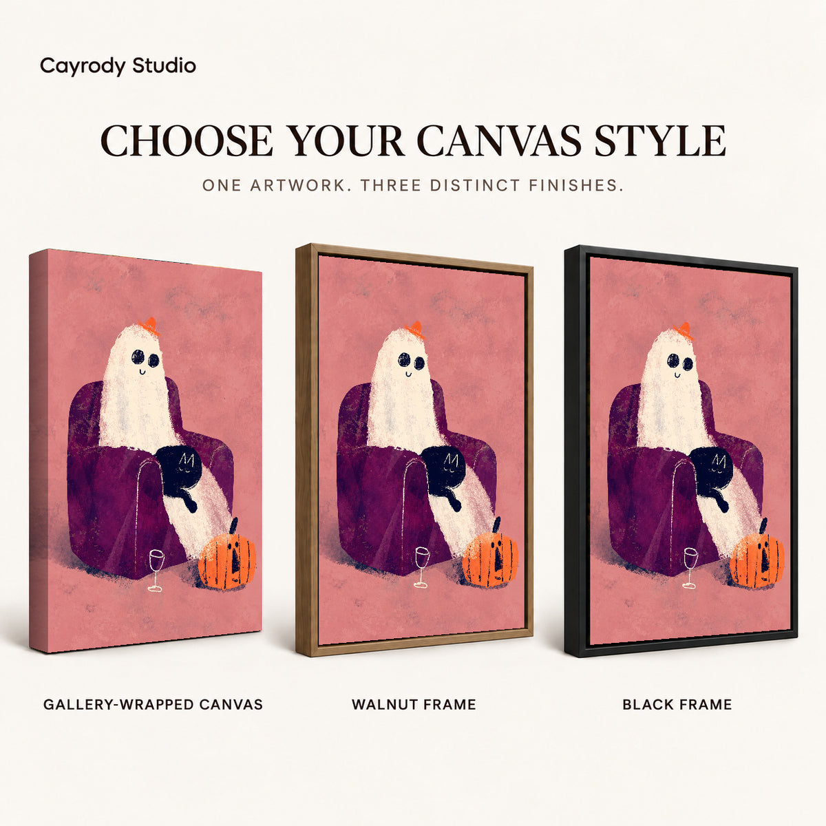 ghost armchair evening canvas art compared across gallery-wrapped canvas, walnut frame, and black frame finishes.
