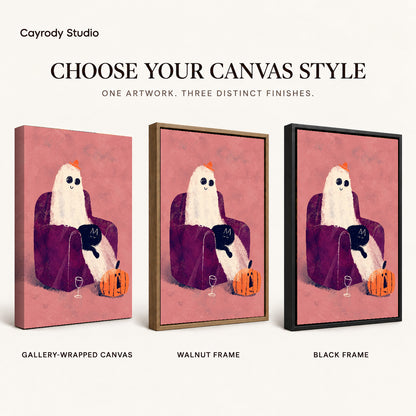 ghost armchair evening canvas art compared across gallery-wrapped canvas, walnut frame, and black frame finishes.