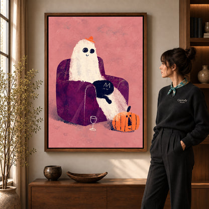 ghost armchair evening canvas art shown in the walnut frame option within a warm living room.
