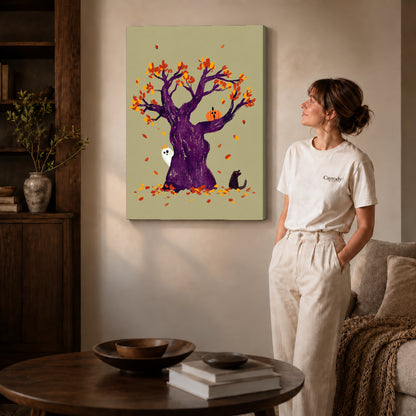 autumn ghost tree canvas art on gallery-wrapped canvas with natural edge shading beside a standing woman.