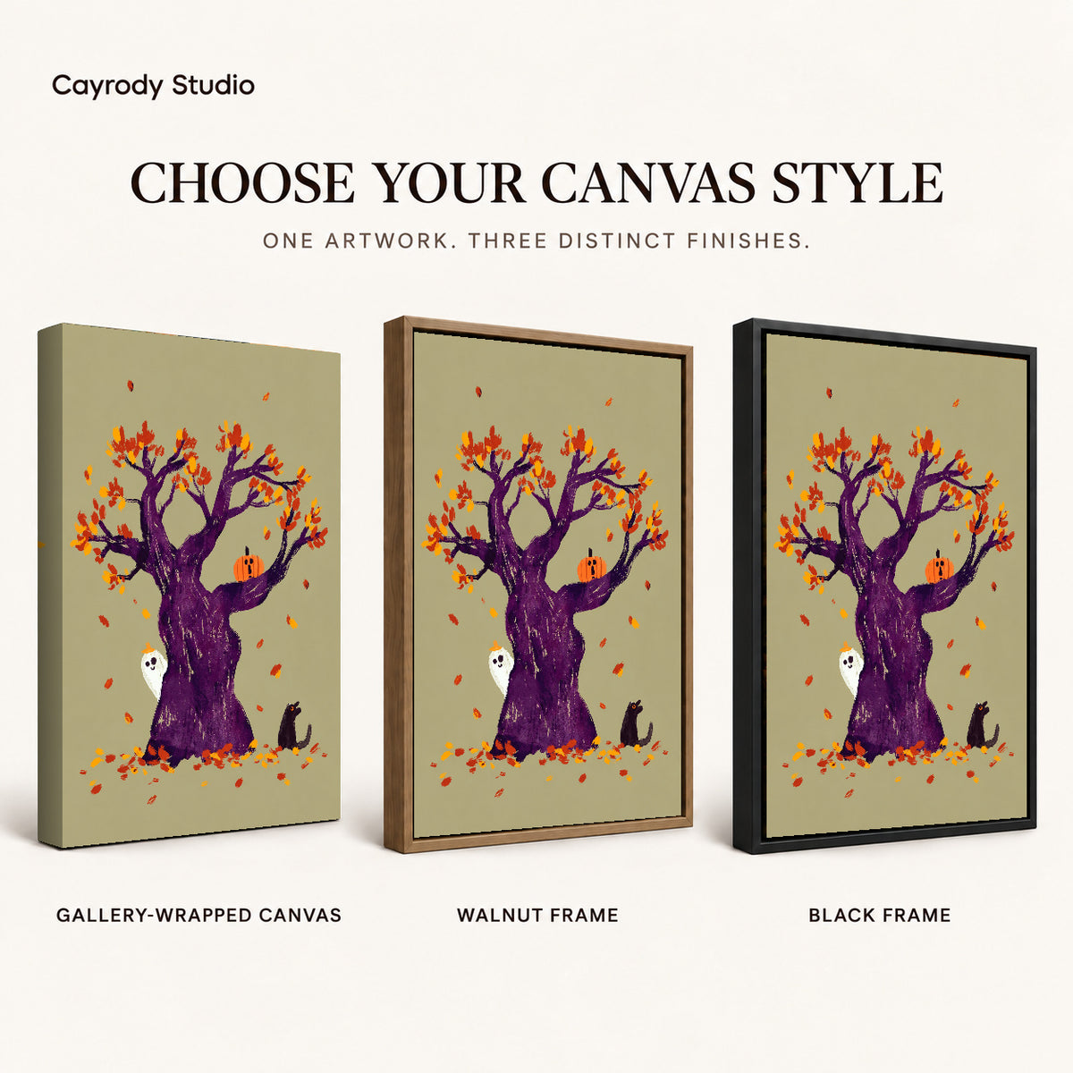 autumn ghost tree canvas art compared across gallery-wrapped canvas, walnut frame, and black frame finishes.
