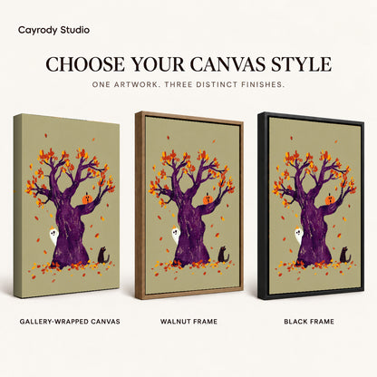 autumn ghost tree canvas art compared across gallery-wrapped canvas, walnut frame, and black frame finishes.
