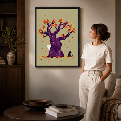 autumn ghost tree canvas art shown in the black frame option against a softly lit wall.