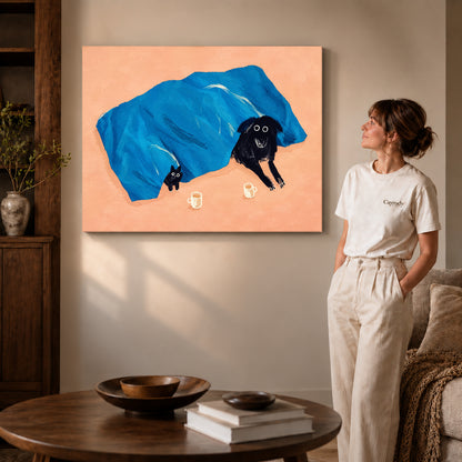 cozy blanket companions canvas art on gallery-wrapped canvas with visible edge depth beside a standing woman.