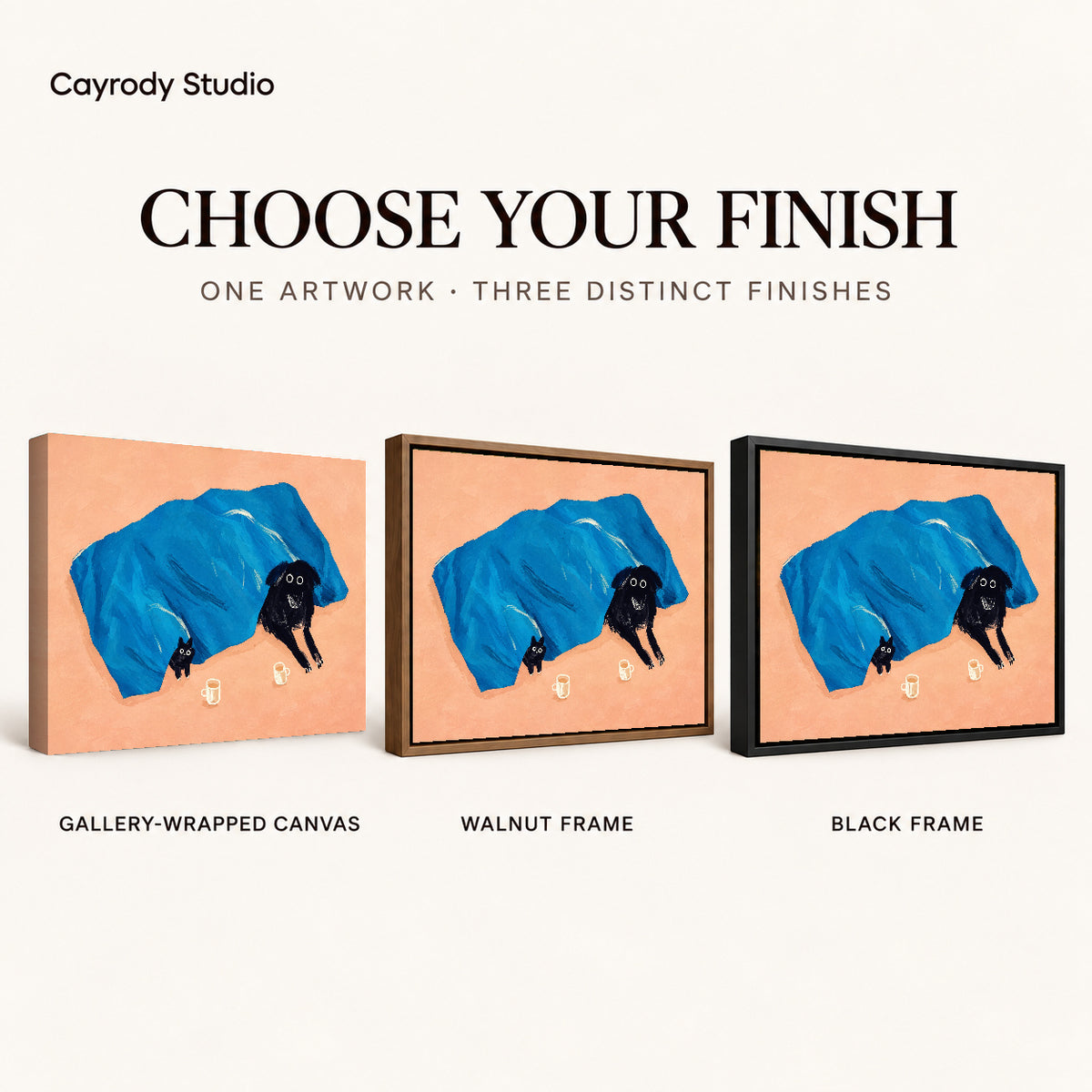 cozy blanket companions canvas art compared across gallery-wrapped canvas, walnut frame, and black frame finishes.