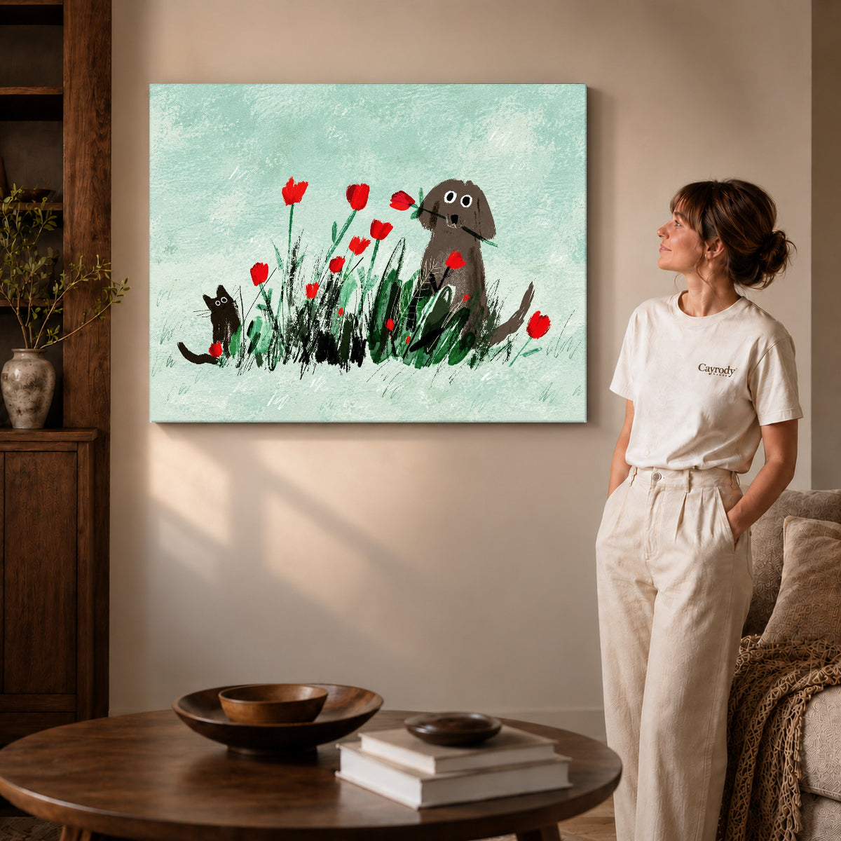 dog cat tulip garden canvas art on gallery-wrapped canvas with visible edge depth beside a standing woman.