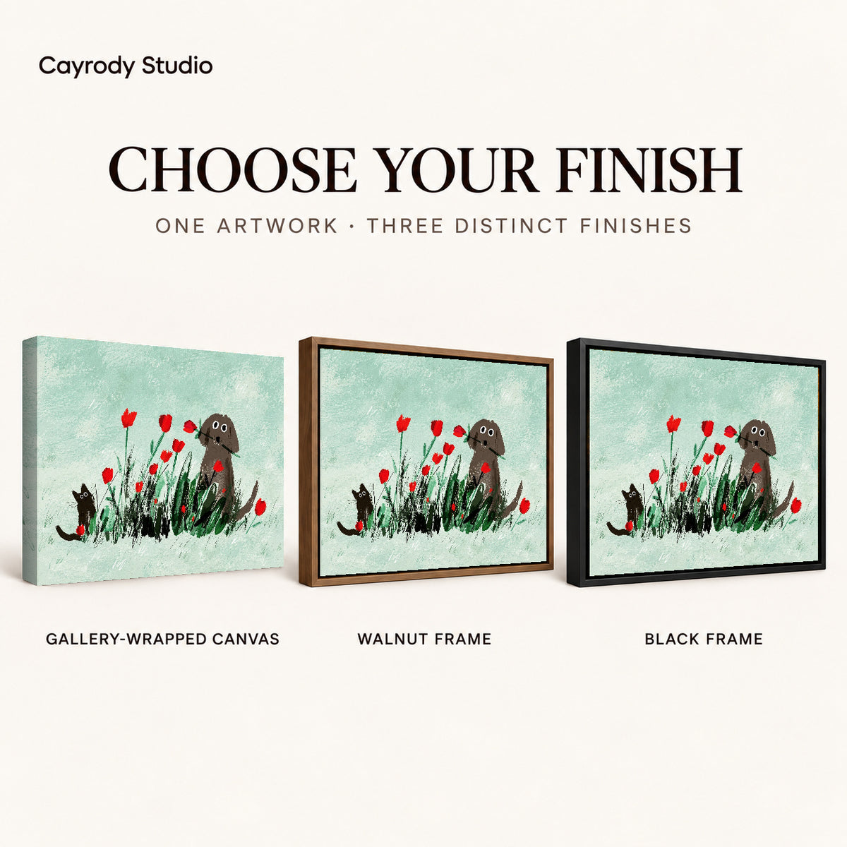 dog cat tulip garden canvas art compared across gallery-wrapped canvas, walnut frame, and black frame finishes.