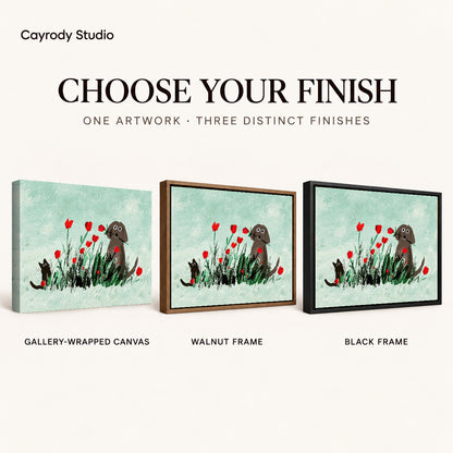 dog cat tulip garden canvas art compared across gallery-wrapped canvas, walnut frame, and black frame finishes.