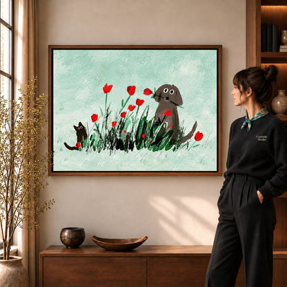 dog cat tulip garden canvas art shown in the walnut frame option within a warm living room.