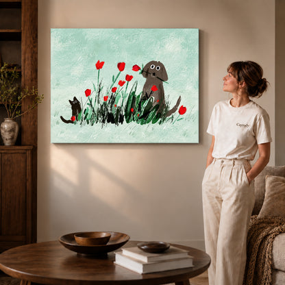 dog cat tulip garden canvas art shown in the gallery-wrapped option with natural side shading and warm surroundings.