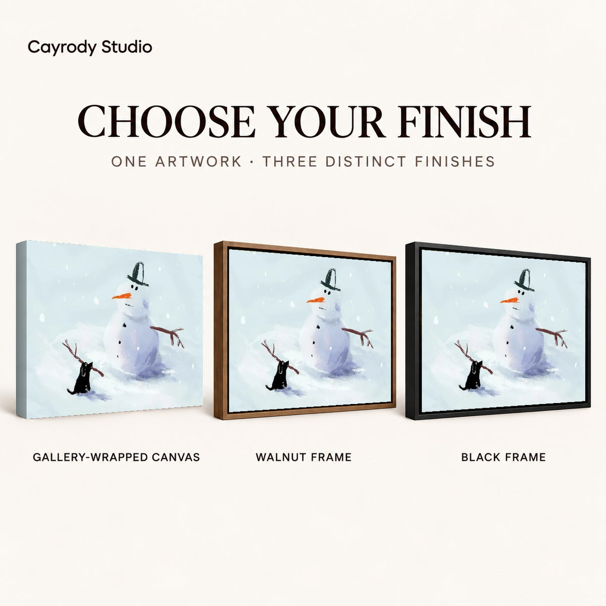 snowman stick mischief canvas art compared across gallery-wrapped canvas, walnut frame, and black frame finishes.