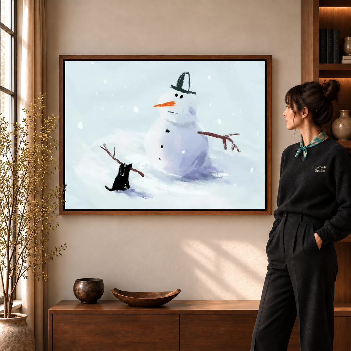 snowman stick mischief canvas art shown in the walnut frame option within a warm living room.